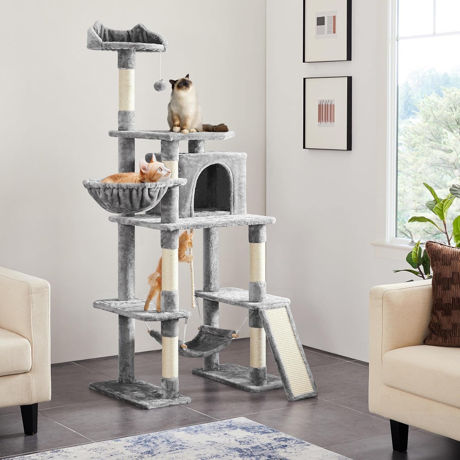 Yaheetech 70 Inches Stable Cat Tree with Padded Platform, Replaceable Dangling Balls, Hammock, Basket and Condo, Cat Tower Furniture for Kittens, Cats and Pets